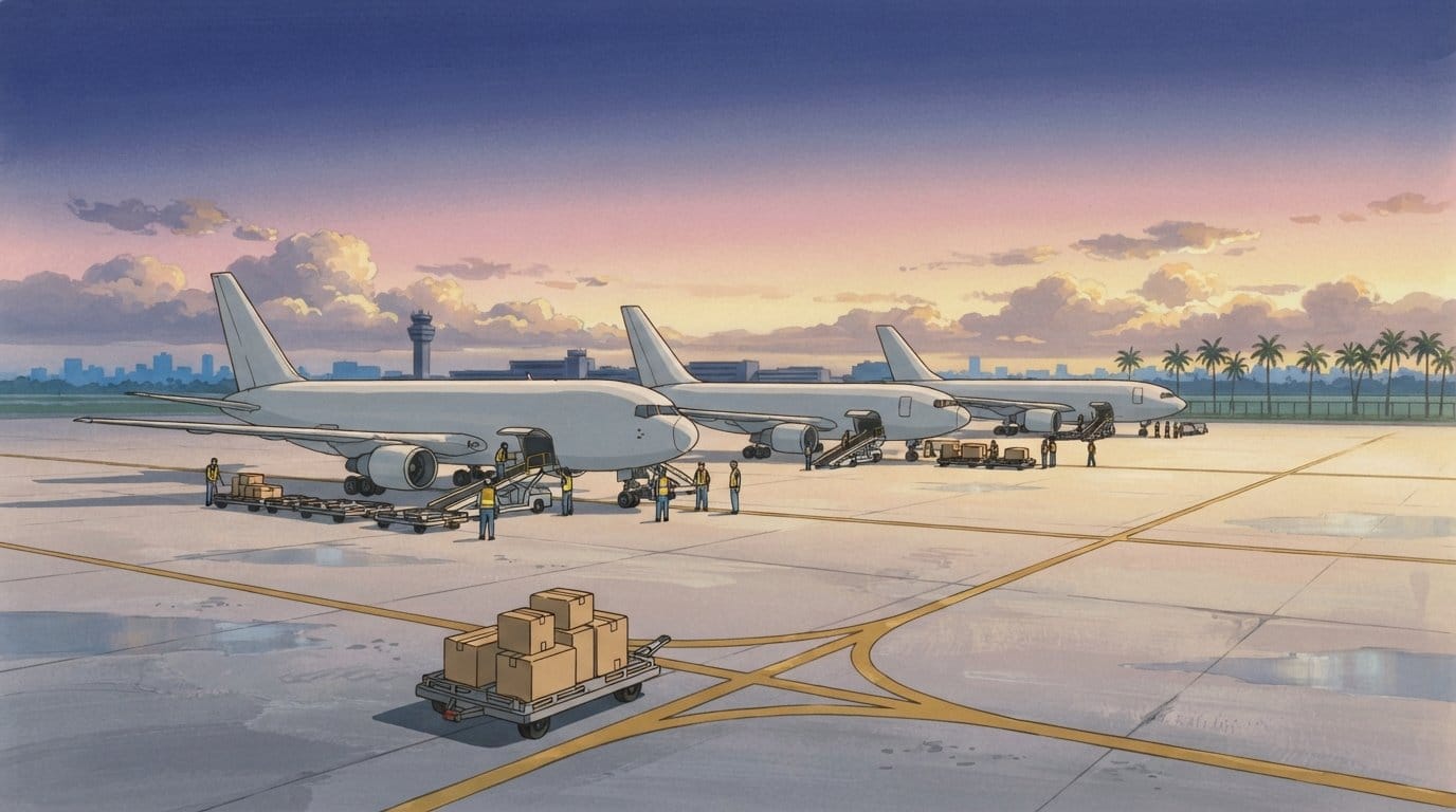 Illustration of an airport cargo apron at dawn with four unmarked freighter aircraft parked in a row being loaded, and in the foreground a single dolly of parcels sitting at a point where the painted guidance lines fork in several directions.