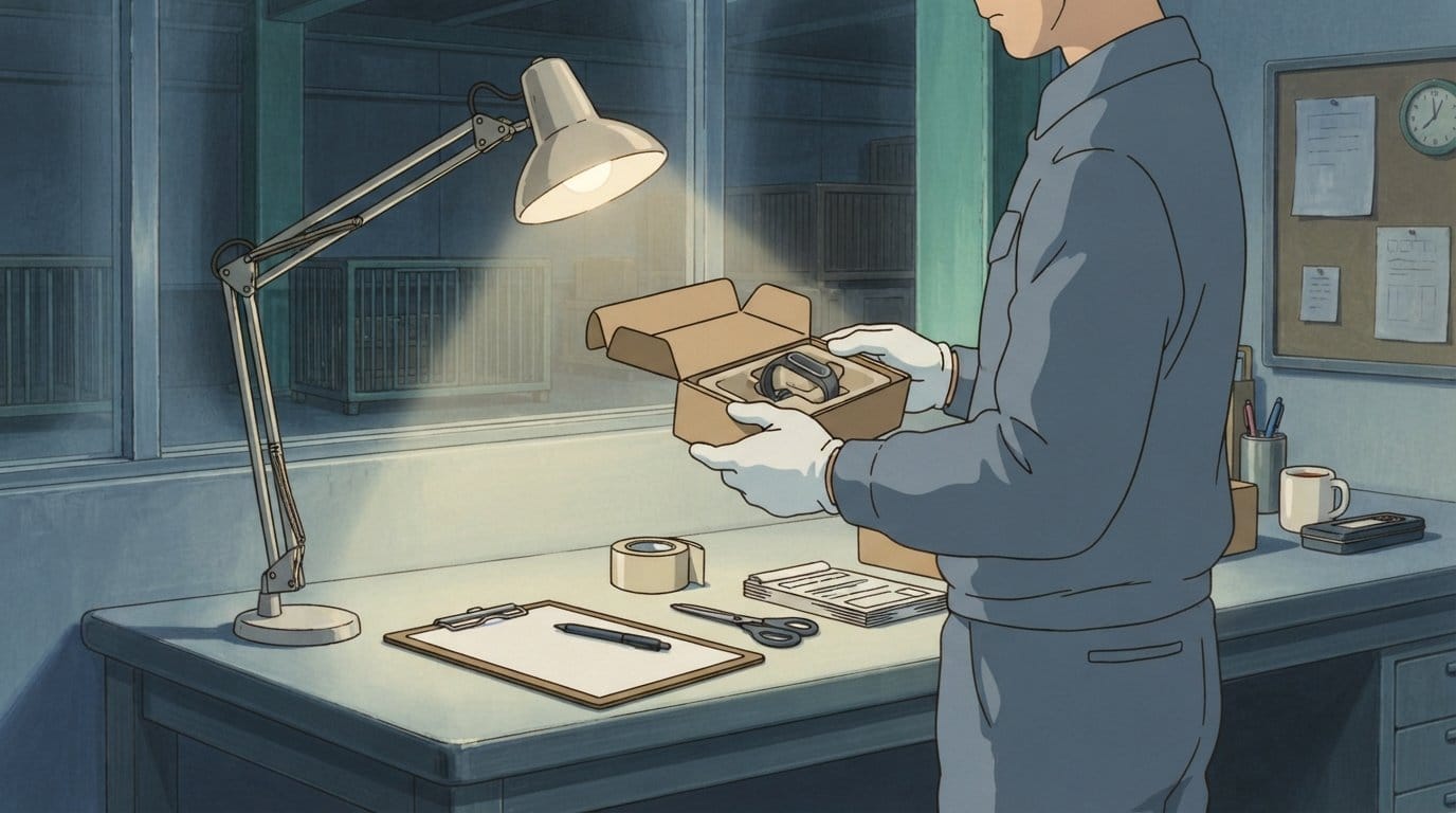 Illustration of a dangerous goods acceptance bench, where a handler in a plain uniform and white gloves examines a small wristband device in an opened carton under a task lamp.