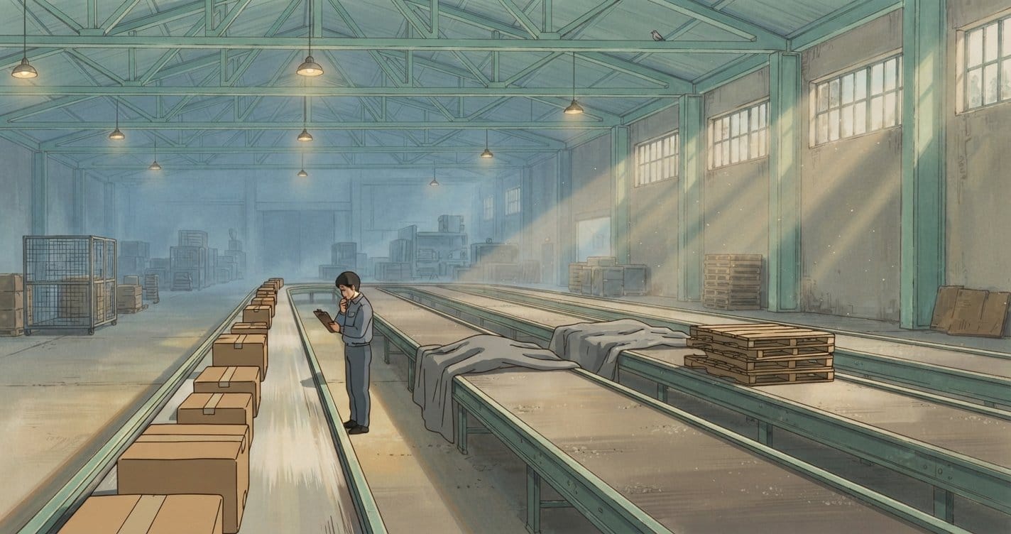 Illustration of a large sorting hall with five parallel conveyor lanes. Only the nearest lane is running and loaded with parcels; the others sit empty and dusty, one draped with a tarpaulin, another stacked with pallets. A single worker with a clipboard stands beside the running lane.