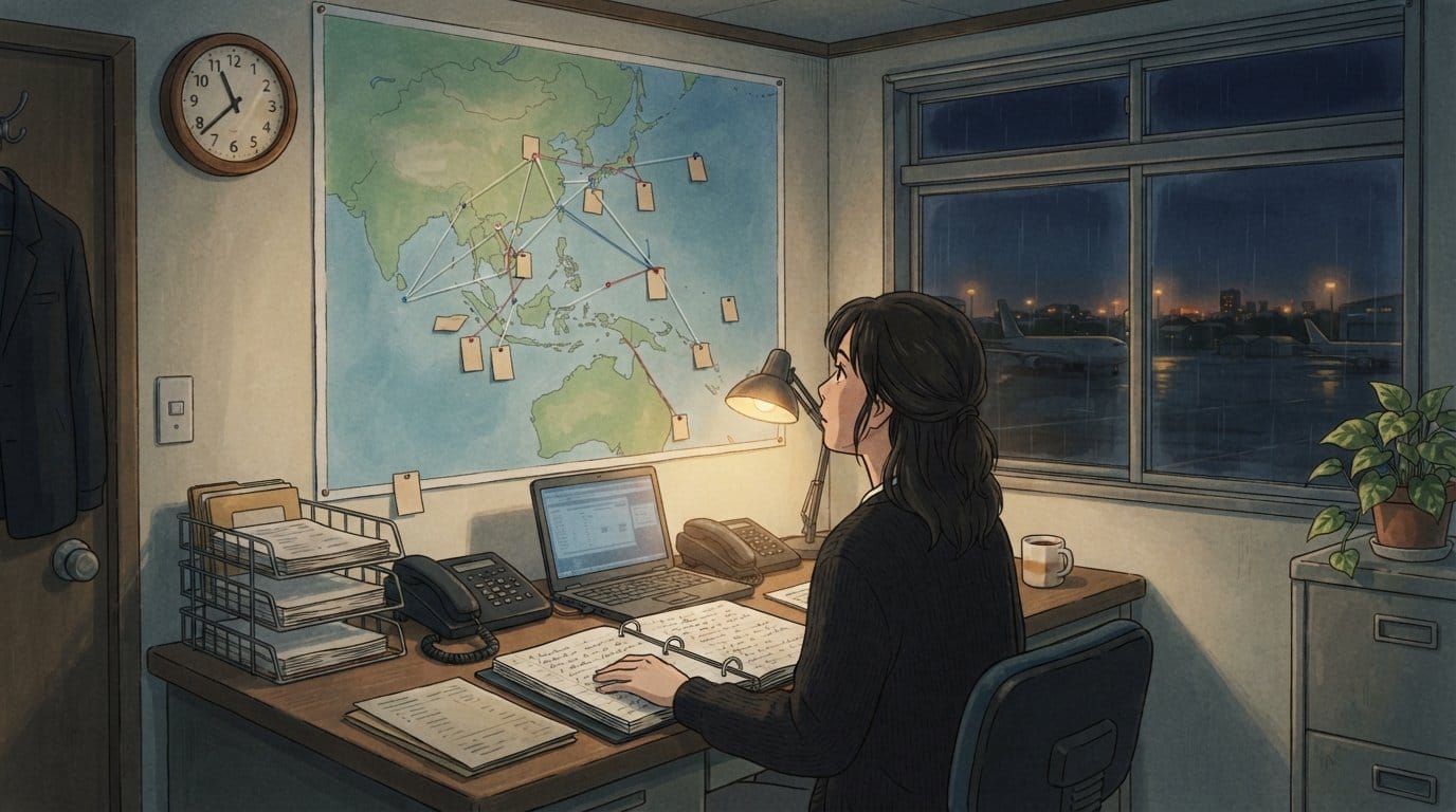 Illustration of an operations office at night. A woman at a desk looks up at a large unlabelled map of the Asia-Pacific on the wall, pinned with blank tags and strung with coloured threads running between them. Beyond the window, a dark airfreight apron.