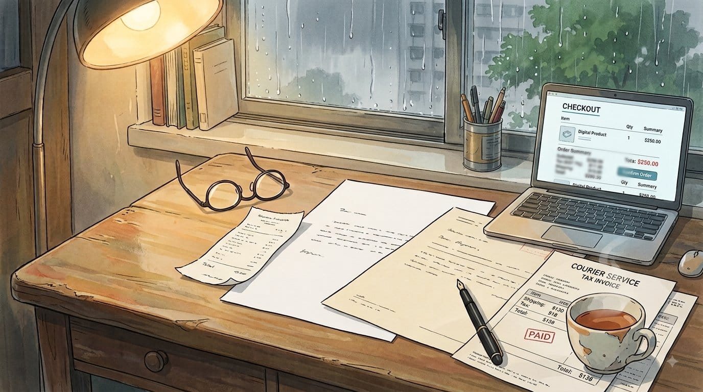 Illustration of paper documents fanned across a wooden desk beside a rain-streaked window, with reading glasses, a desk lamp and a laptop.