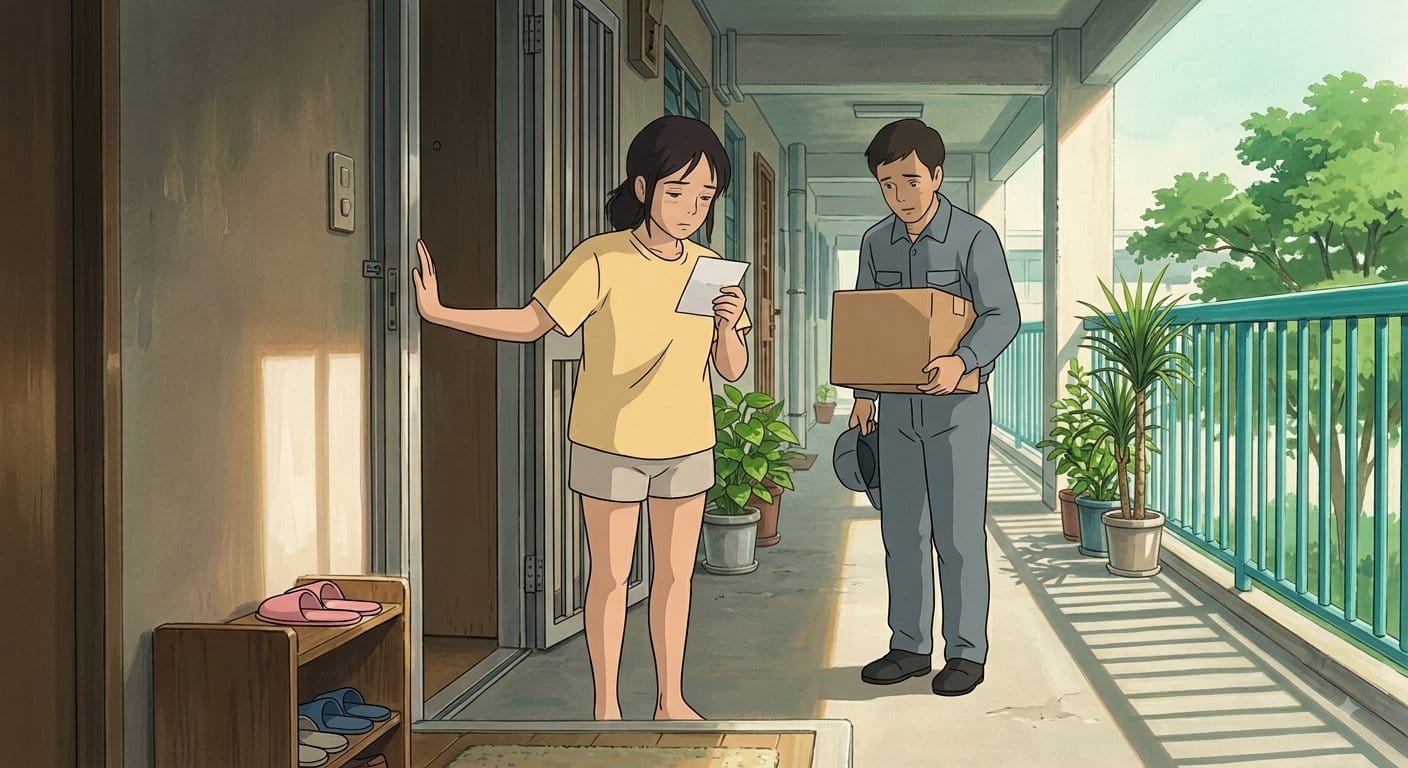 Illustration of a woman standing in the doorway of an HDB flat reading a printed slip with a resigned expression, while a courier waits in the sunlit corridor holding a parcel.