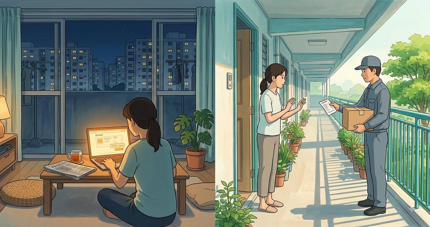 Illustration split into two panels. Left: a woman sits at a low table at night in a Singapore flat, completing an online order on a laptop, HDB towers lit behind her. Right: the same woman at her front door in morning light, facing a courier holding a parcel and a printed invoice.
