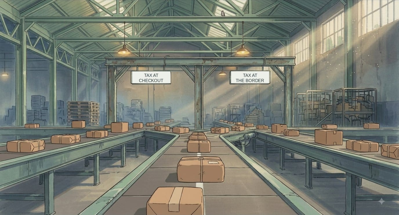 Illustration of parcels moving along parallel conveyor belts in a sorting hall, with a painted white line running across the central belt dividing it into two sides.