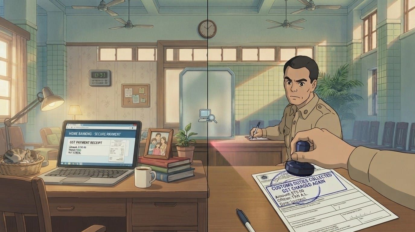 Illustration split into two panels. Left: a laptop on a home desk shows a secure online GST payment receipt, beside a family photo, a mug and a sleeping cat. Right: a hand brings a rubber stamp down on a customs form reading 'Customs Duties Collected — GST Charged Again', an officer writing at a counter behind.