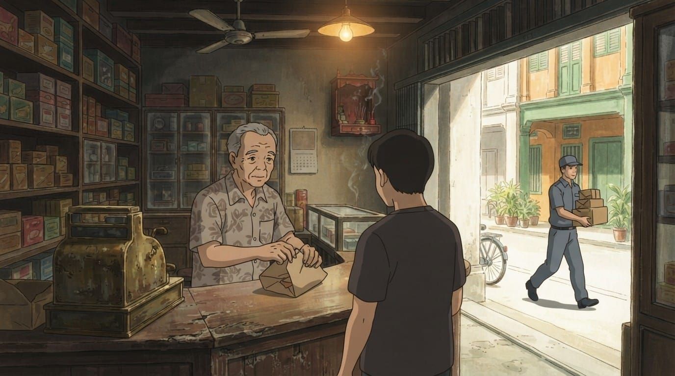 Illustration of a traditional Singapore provision shop at dusk. An elderly shopkeeper in a floral shirt hands a paper-wrapped parcel across a worn wooden counter to a young customer, an old brass till beside him, while out on the five-foot way a uniformed courier carries a stack of parcels past the shophouses.