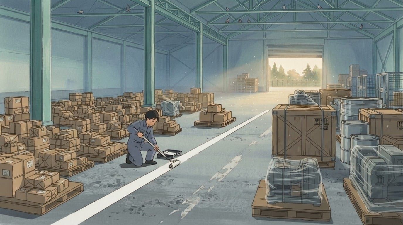 Illustration of a warehouse worker in grey overalls kneeling to paint a single straight white line across a concrete floor with a roller. Ordinary cardboard parcels are stacked on pallets to one side; crated freight, drums and shrink-wrapped dangerous goods sit on the other.
